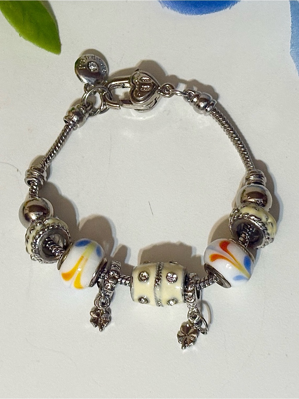 Pandora-Style Murano Glass Bead Multi-Colour Charm Bracelet w Silver Snake Chain